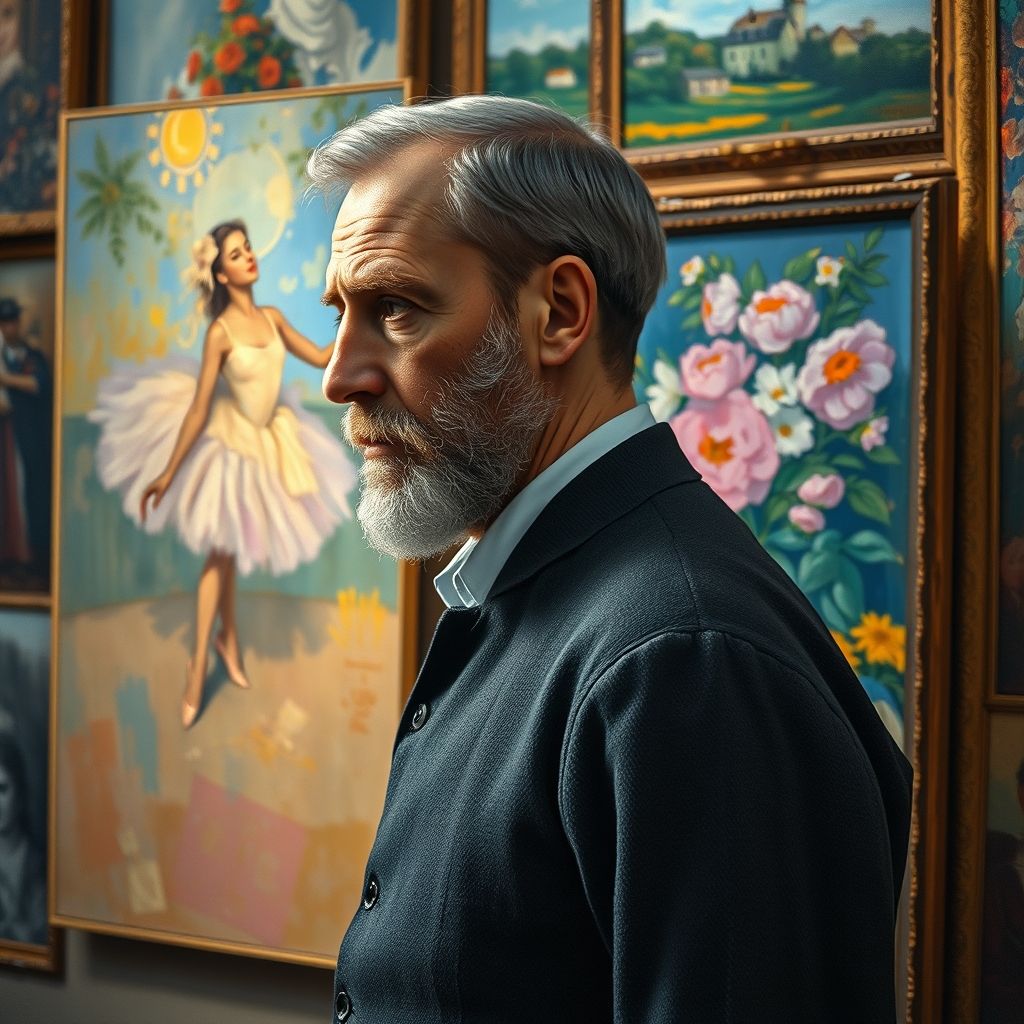 Un retrato de Edgar Degas con varias pinturas impresionistas en el fondo, mostrando su conexión y desviación del movimiento.