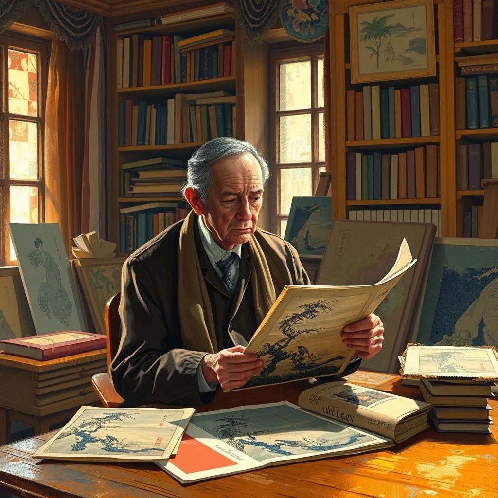 Un estudio que muestra a Edgar Degas examinando grabados japoneses ukiyo-e, con ejemplos de su propia obra influenciada por la estética japonesa.