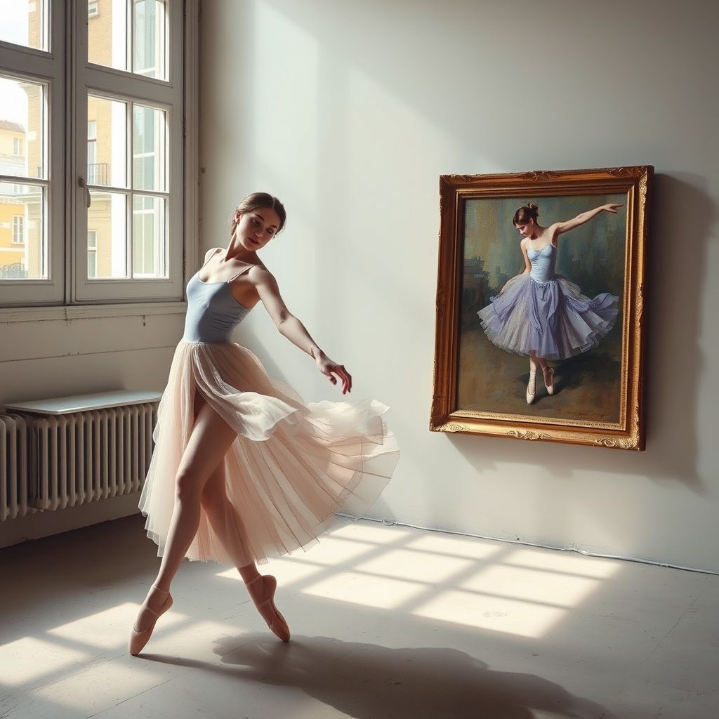 Una fotografía tomada por Edgar Degas, posiblemente un retrato de una bailarina o un estudio de movimiento, junto a una de sus pinturas que muestra la influencia de la fotografía.