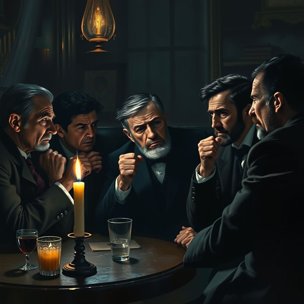 Una composición sombría que representa a Degas en un debate acalorado con sus amigos y colegas sobre el caso Dreyfus, reflejando las tensiones y divisiones de la época.