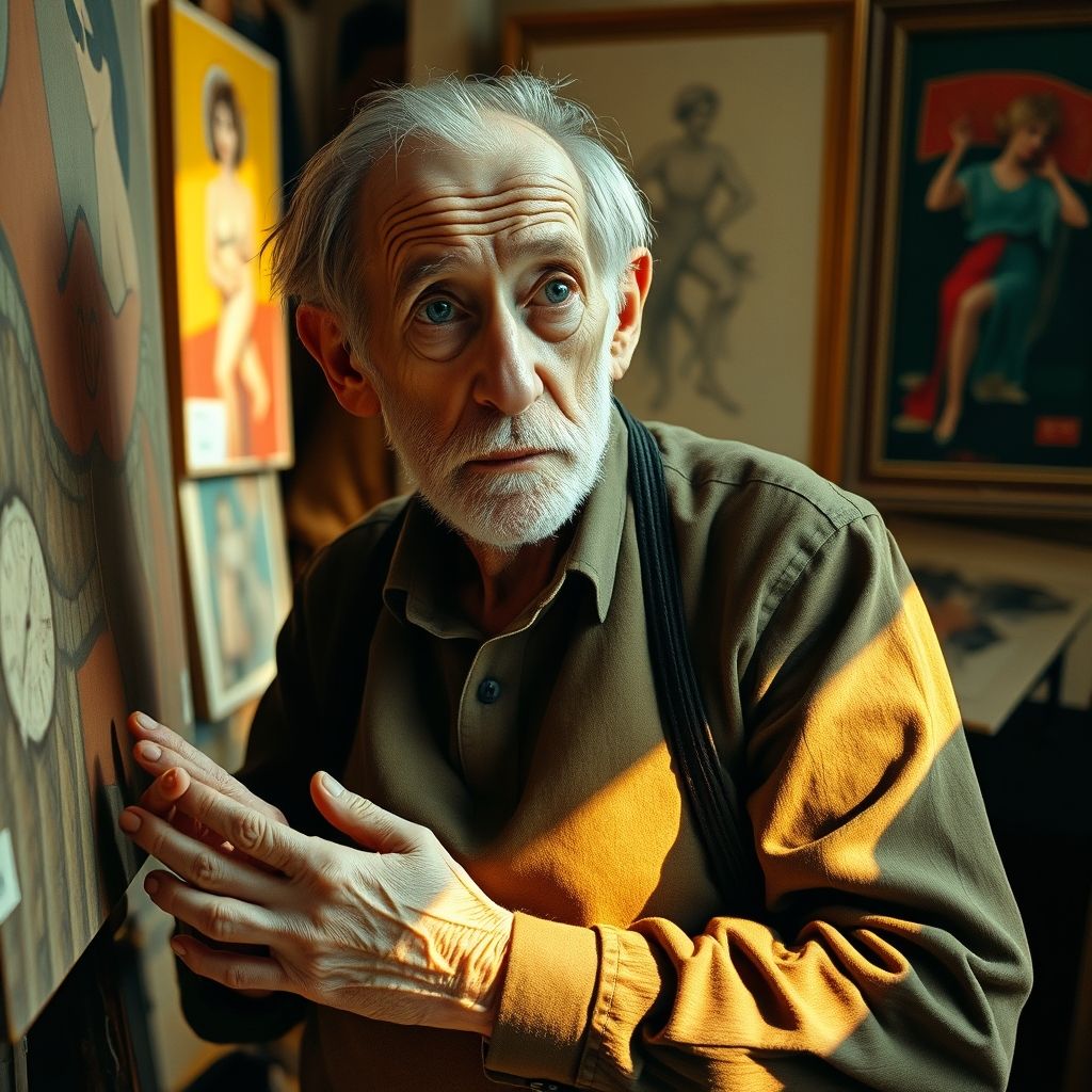 Un retrato de Edgar Degas en la vejez, con una sutil representación de su visión deteriorada, yuxtapuesta con ejemplos de su posterior obra que muestra colores más audaces y formas más sencillas.