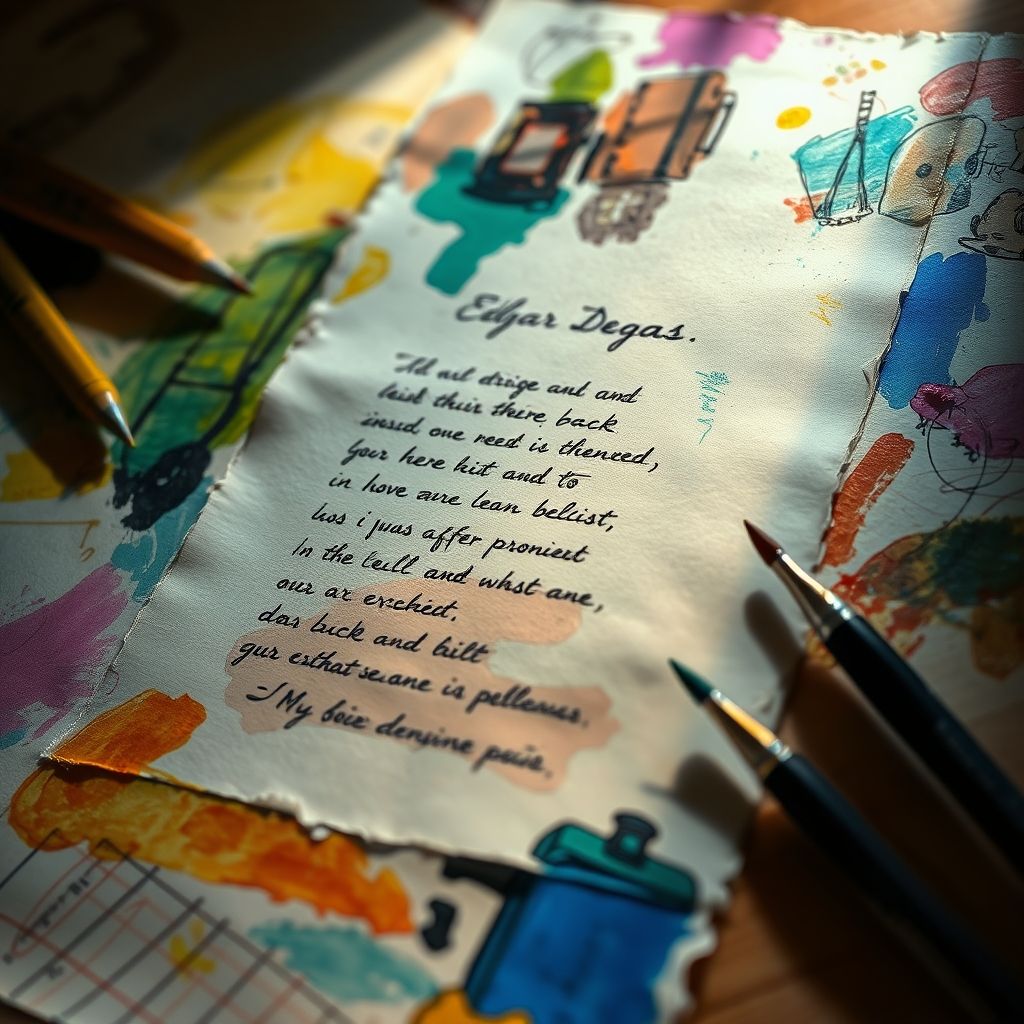 Una imagen de la letra manuscrita de Edgar Degas de uno de sus poemas, rodeada de esbozos y pinturas, representando su esfuerzo creativo multifacético.