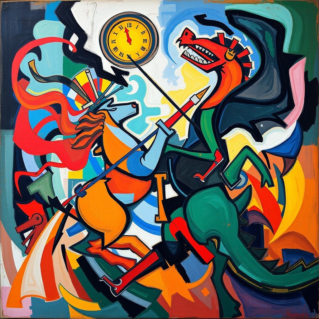 Pintura de Wassily Kandinsky, 'De St. George IV', 1911, expresionismo abstracto, colores vibrantes, formas dinámicas, representando la lucha de San Jorge contra el dragón en forma abstracta.