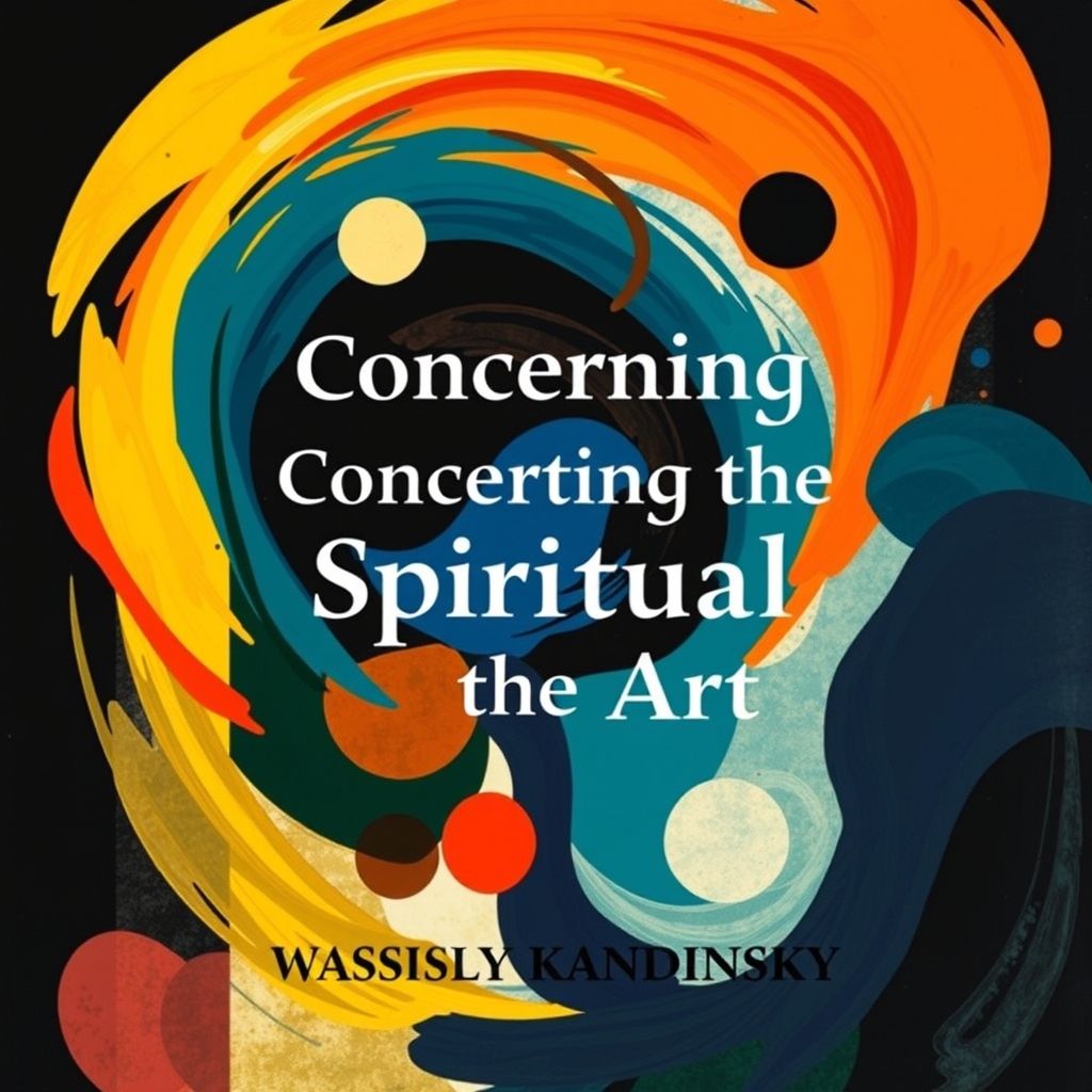 Portada del libro 'Concerning the Spiritual in Art' de Wassily Kandinsky, con detalles abstractos coloridos y tipografía expresiva.