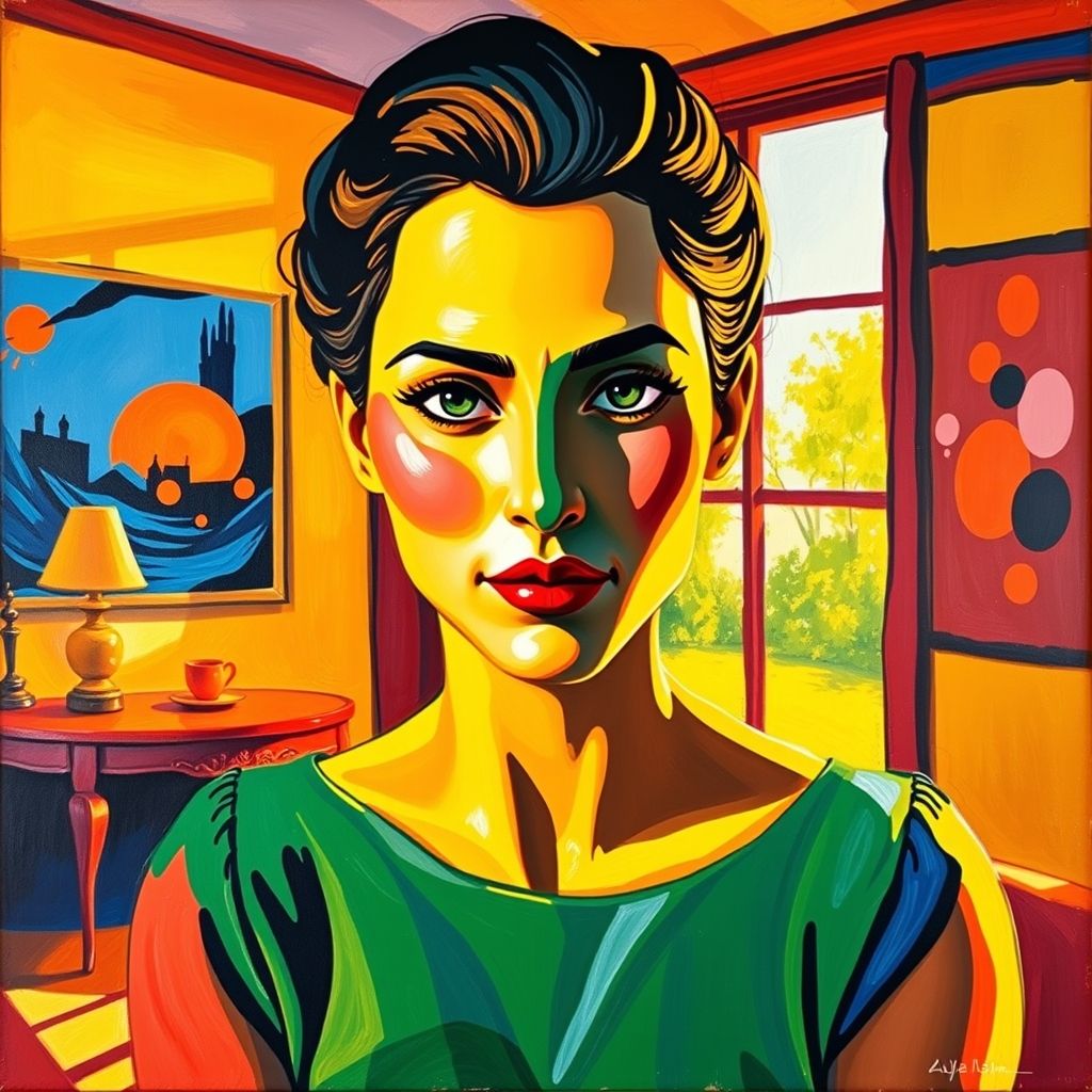 Una pintura fauvista de Henri Matisse con colores brillantes y audaces, posiblemente 'La Raya Verde' (Madame Matisse).