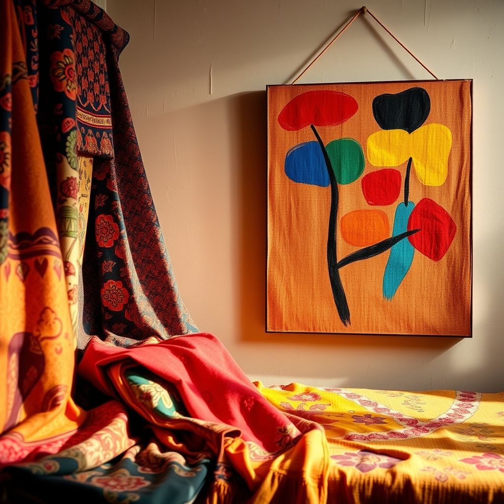 Una imagen que muestra una selección de textiles de la colección personal de Henri Matisse junto con un ejemplo de su arte que muestra la influencia de estos textiles.