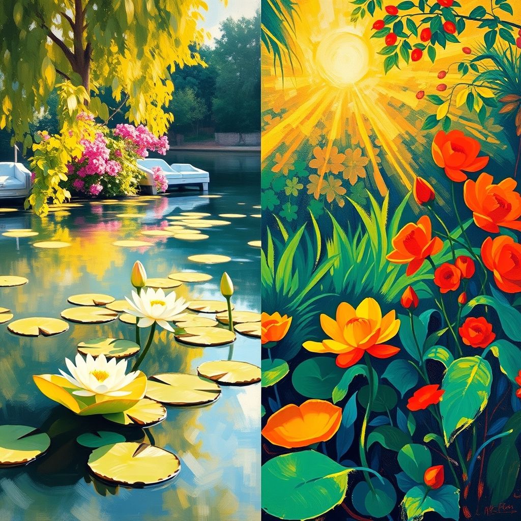 Una yuxtaposición de una pintura impresionista (por ejemplo, de Monet) y una pintura fauvista de Matisse, destacando las diferencias en el uso del color y el estilo.