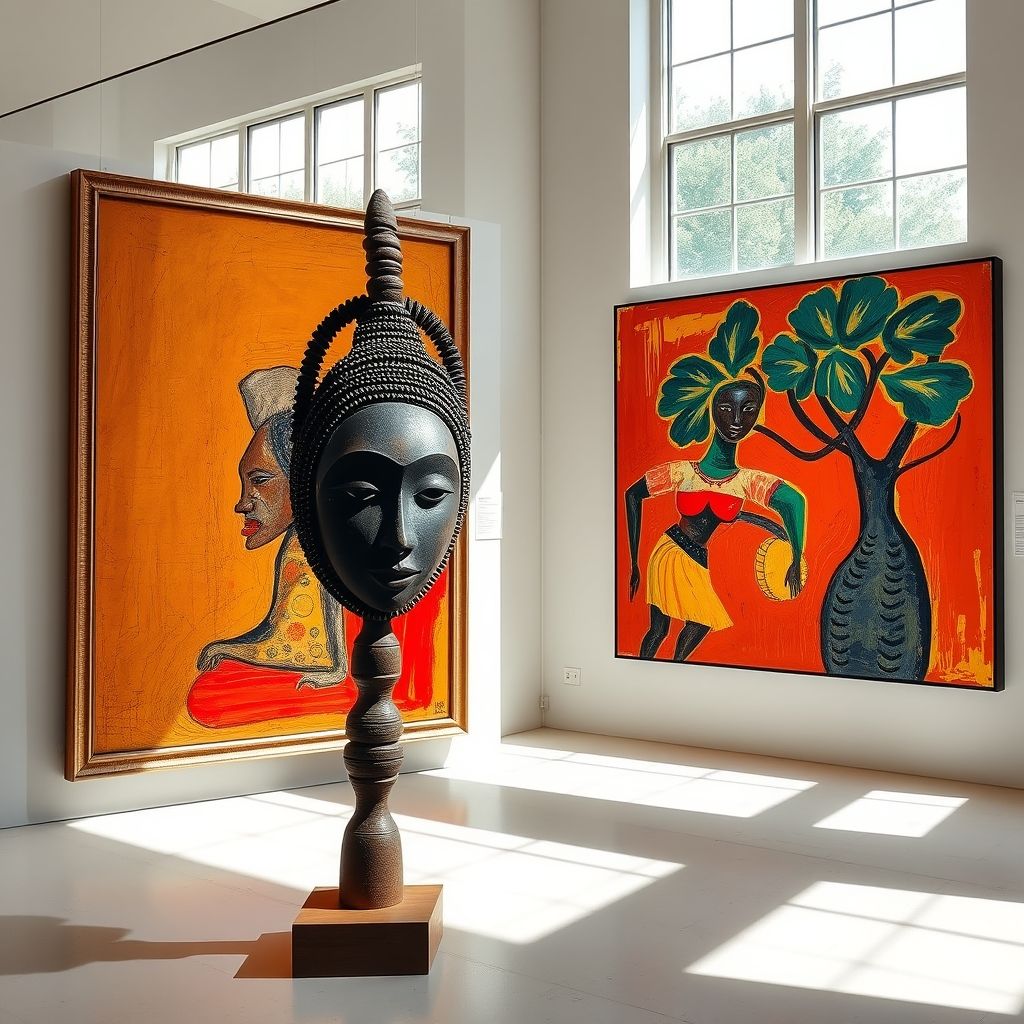 Una imagen que muestra una escultura o máscara africana junto a una obra de Henri Matisse que demuestra la influencia del arte africano en su estilo.