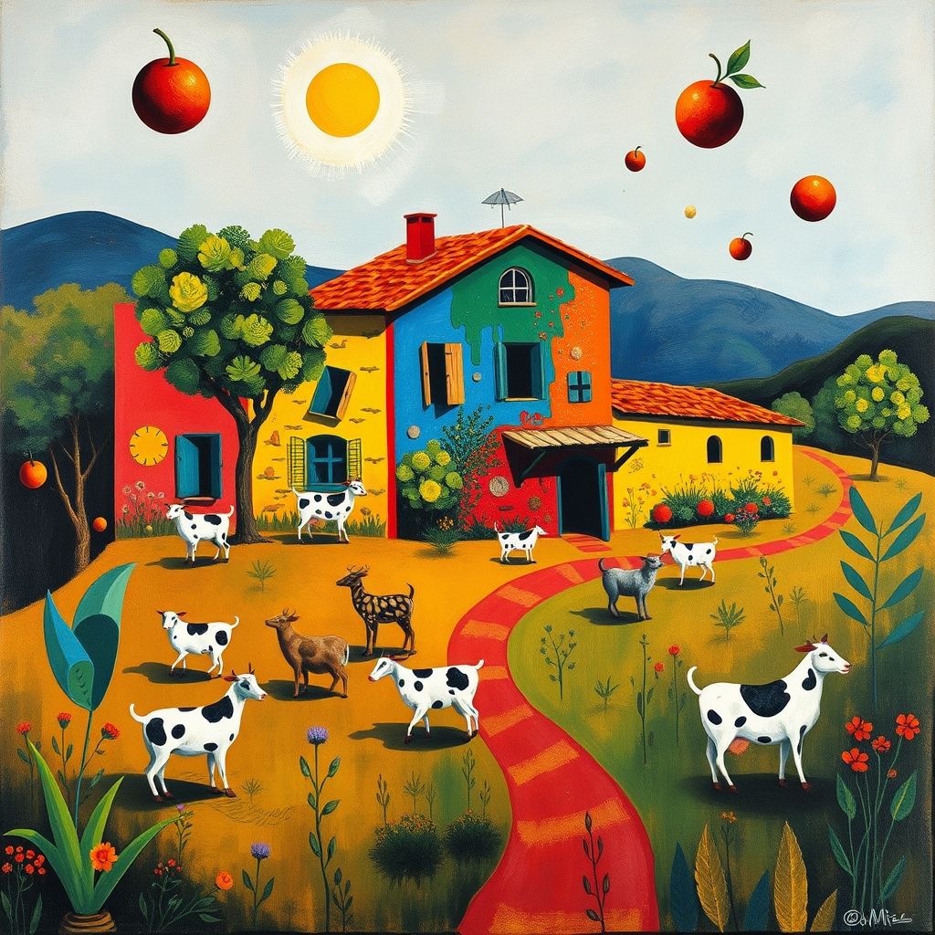 A vibrant and detailed painting of a Catalan farmhouse, 'The Farm' by Joan Miró, showing animals, plants, and various objects with a blend of realism and surrealism.