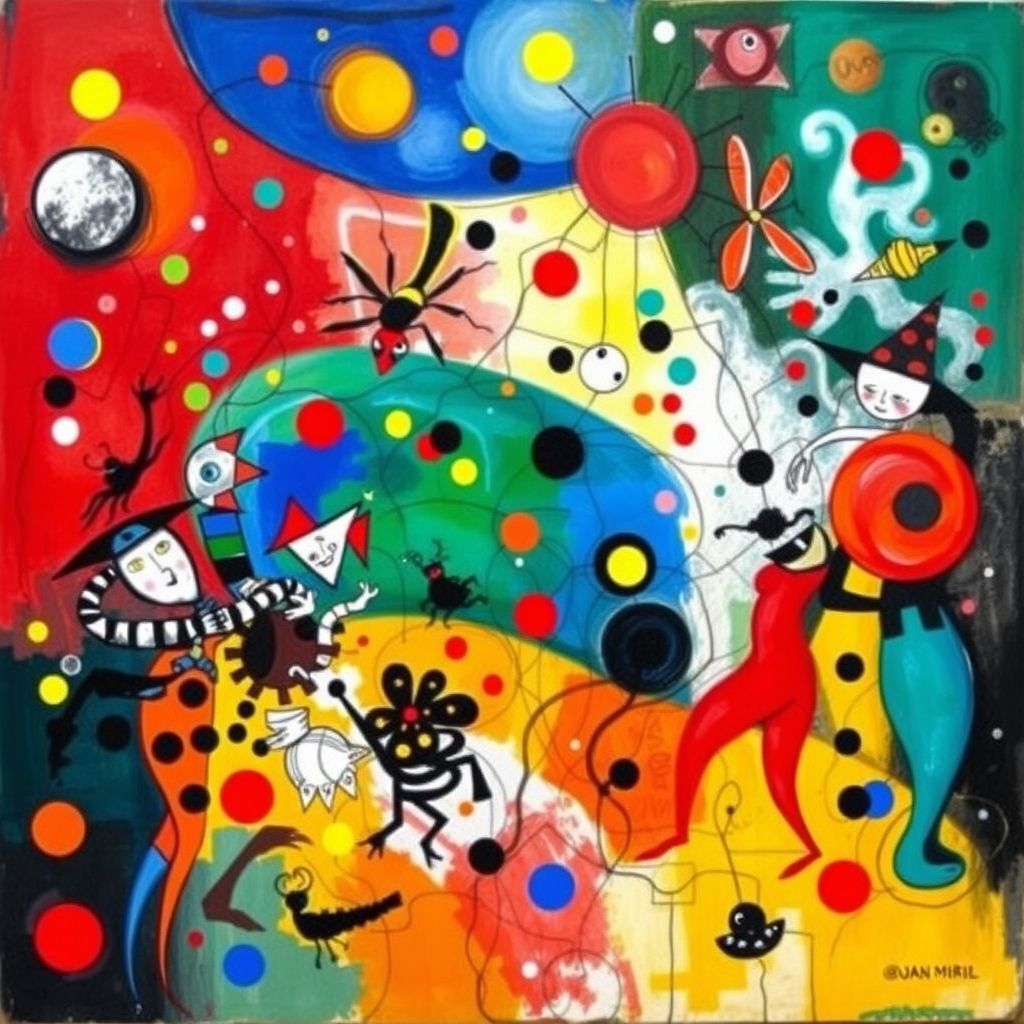 A colorful and chaotic painting, 'Harlequin's Carnival' by Joan Miró, featuring surreal figures, insects, and abstract shapes in a festive setting.