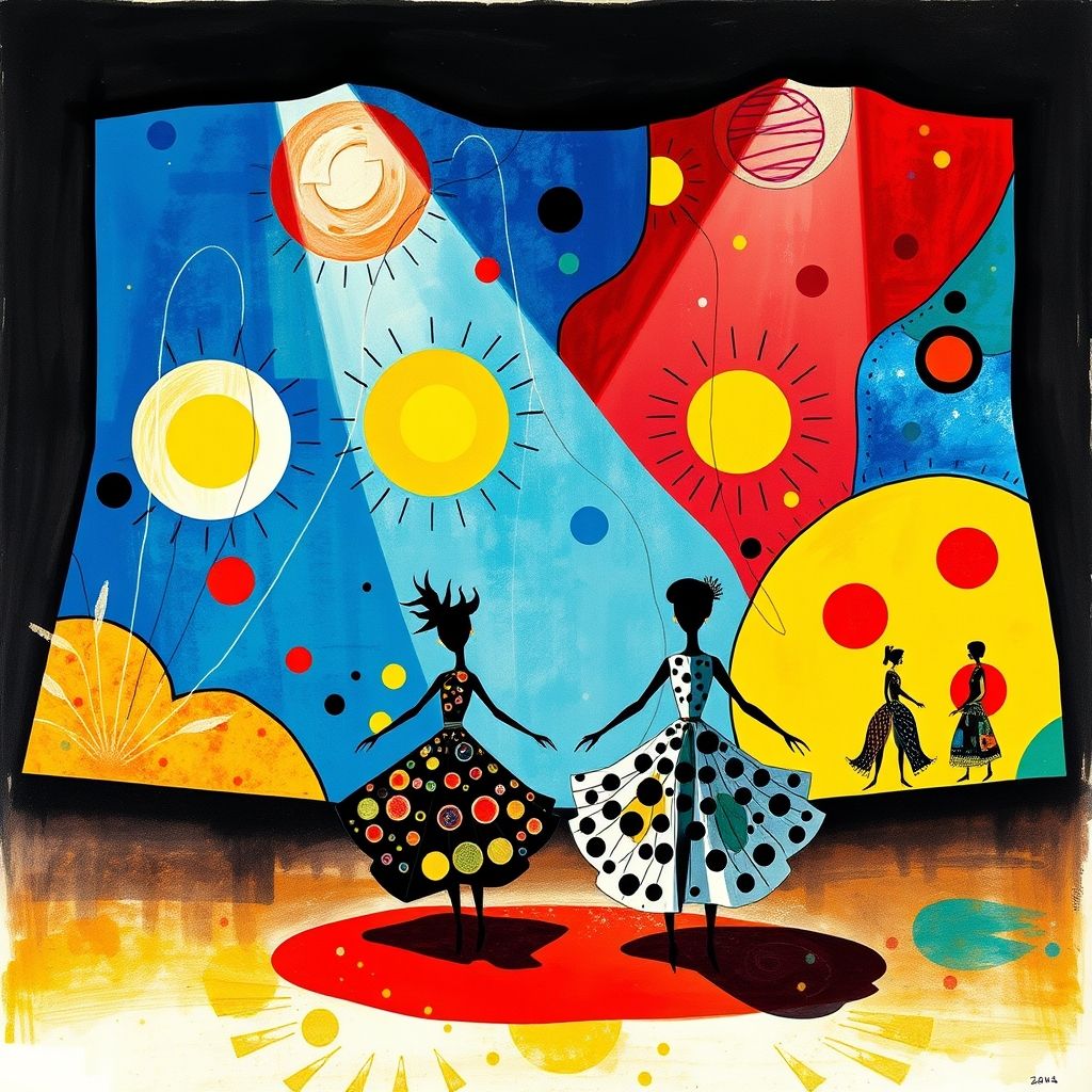 A stage design and costume drawing by Joan Miró for Sergei Diaghilev's Ballets Russes, featuring surreal and colorful elements.