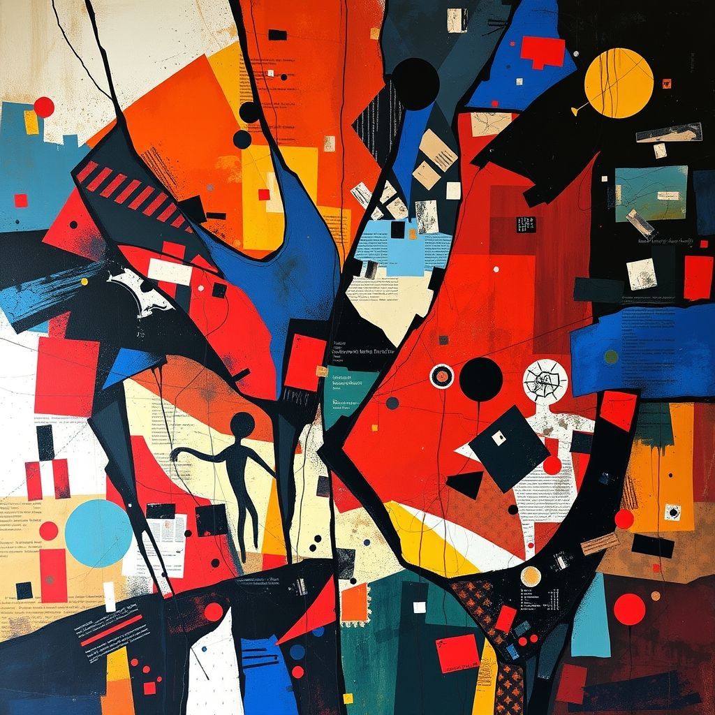 A mixed-media collage painting, 'Assassination of Painting' by Joan Miró, featuring abstract shapes, collage elements, and a sense of destruction and rebirth.