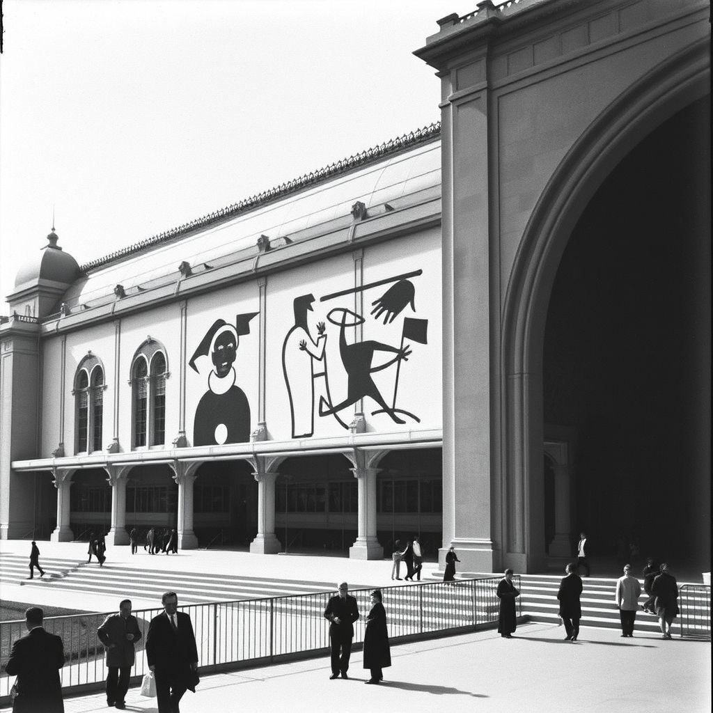 A black and white historical photo of the Spanish Pavilion at the 1937 Paris International Exposition, showing the location where Joan Miró's lost mural 'The Reaper' once stood.