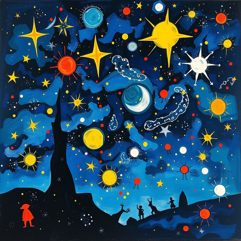 A painting from Joan Miró's 'Constellations' series, featuring a night sky filled with stars, abstract figures, and symbolic elements in gouache and oil wash.