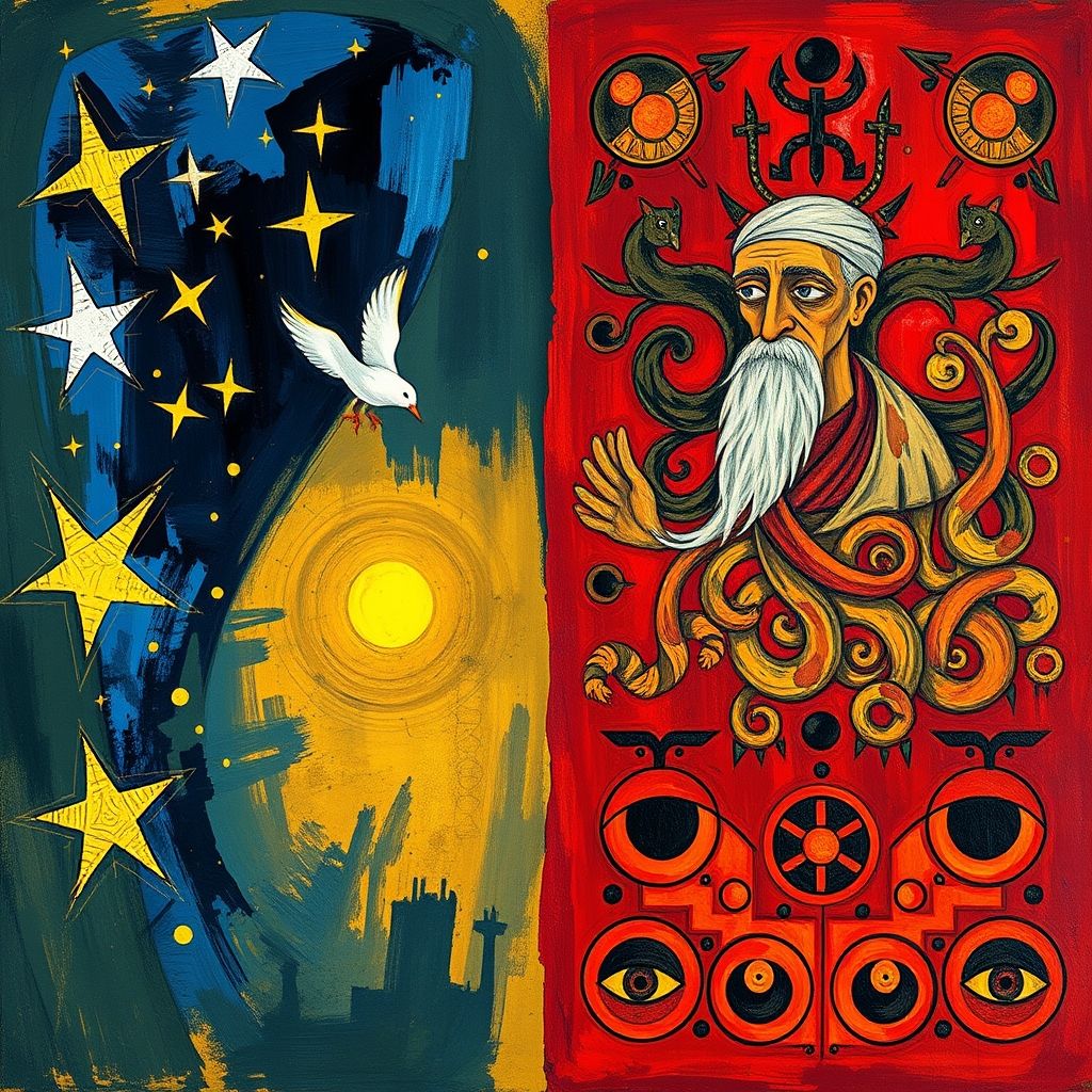 A side-by-side comparison image showing recurring symbols in Joan Miró's paintings (stars, birds, eyes) and Jungian archetypes with symbolic representations from ancient cultures.