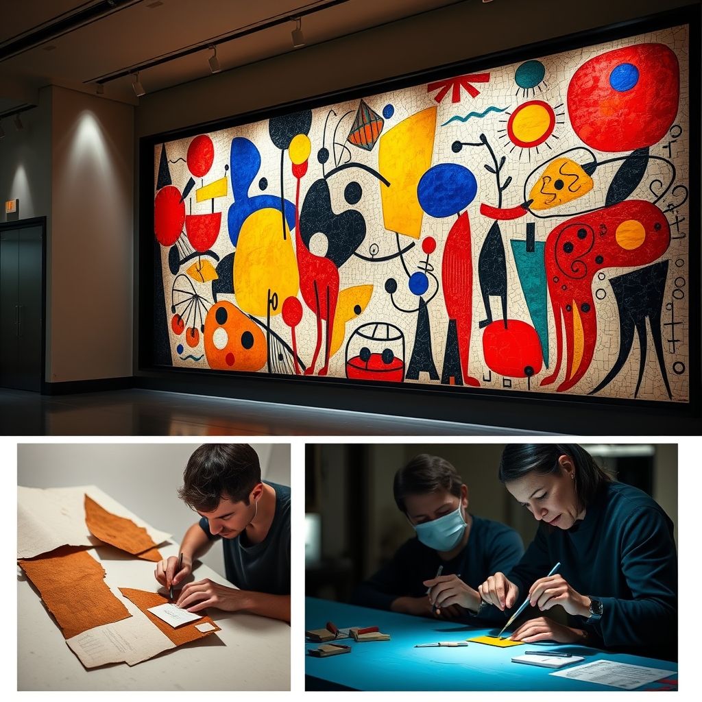 A photograph of Joan Miró's ceramic mural at the UNESCO headquarters in Paris, along with images showcasing the restoration work being done on the damaged sections.