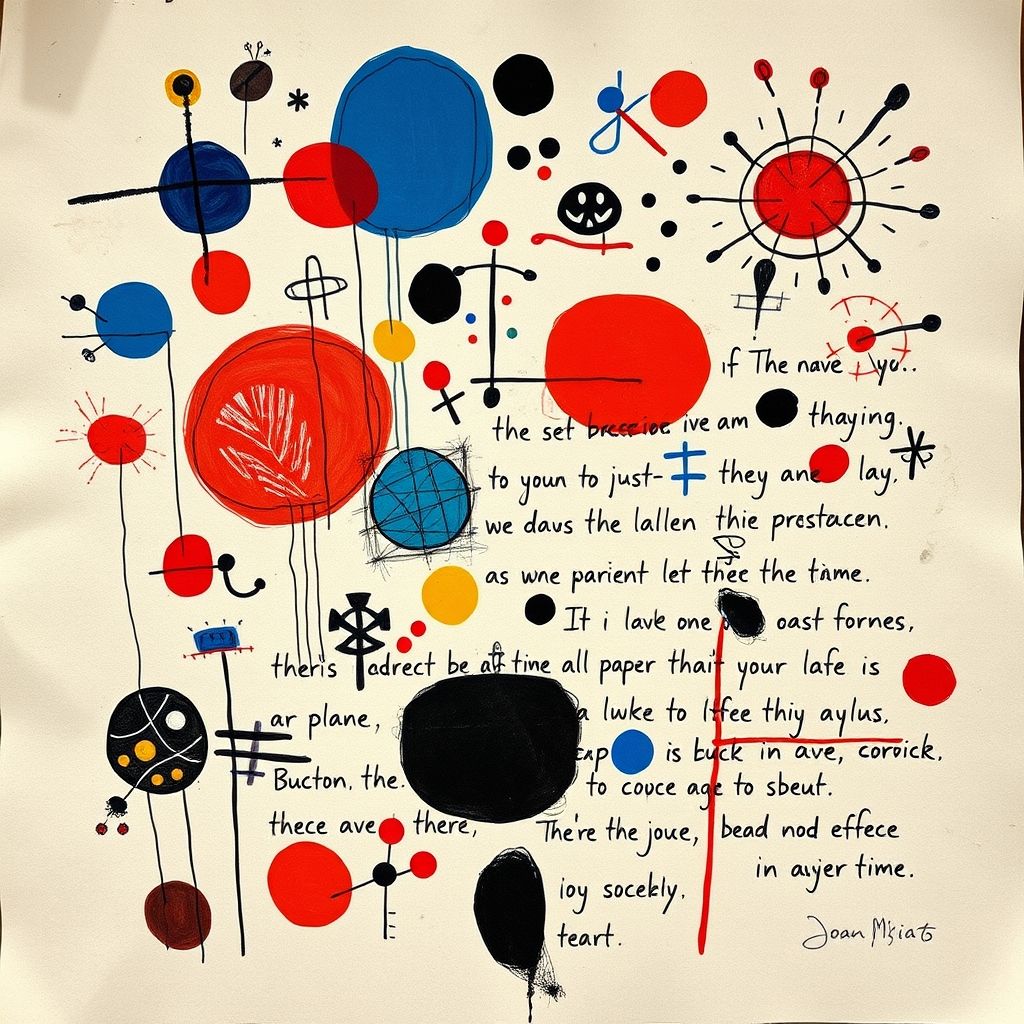 An example of Joan Miró's 'sign-poem', featuring a combination of abstract images, symbols, and handwritten text in ink, crayon, and gouache on paper.