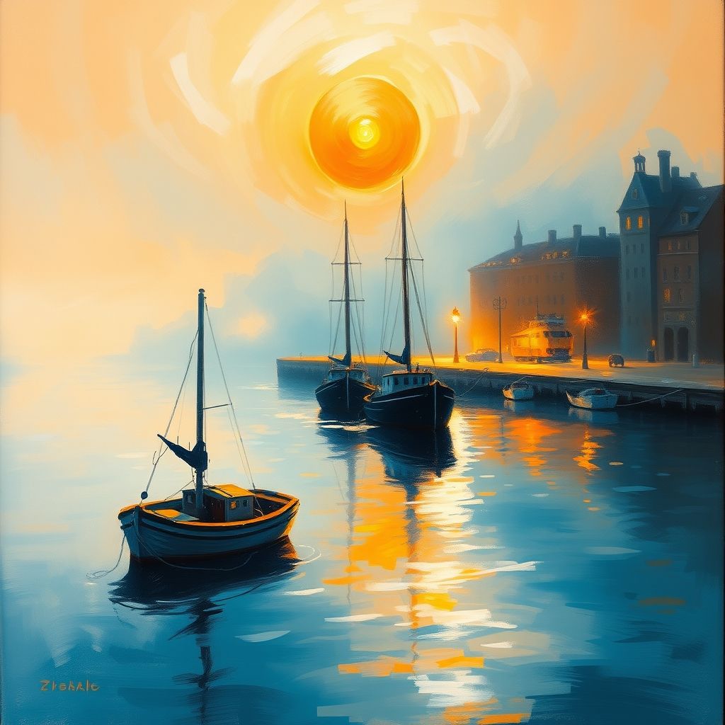 Pintura impresionista de un puerto brumoso al amanecer, con un sol naranja reflejado en el agua, barcos y edificios distorsionados por la atmósfera.