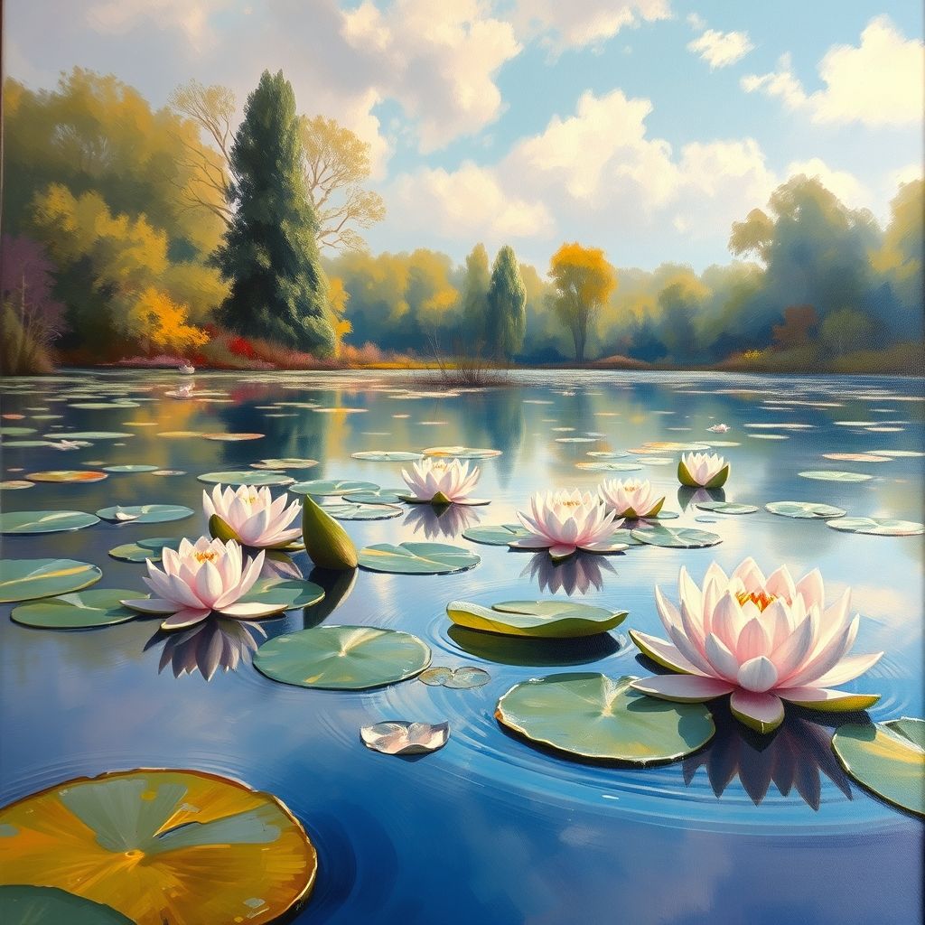 Un primer plano de una pintura impresionista que muestra nenúfares flotando en un estanque, con reflejos de árboles y cielo en el agua, en una paleta de colores suaves y vibrantes.