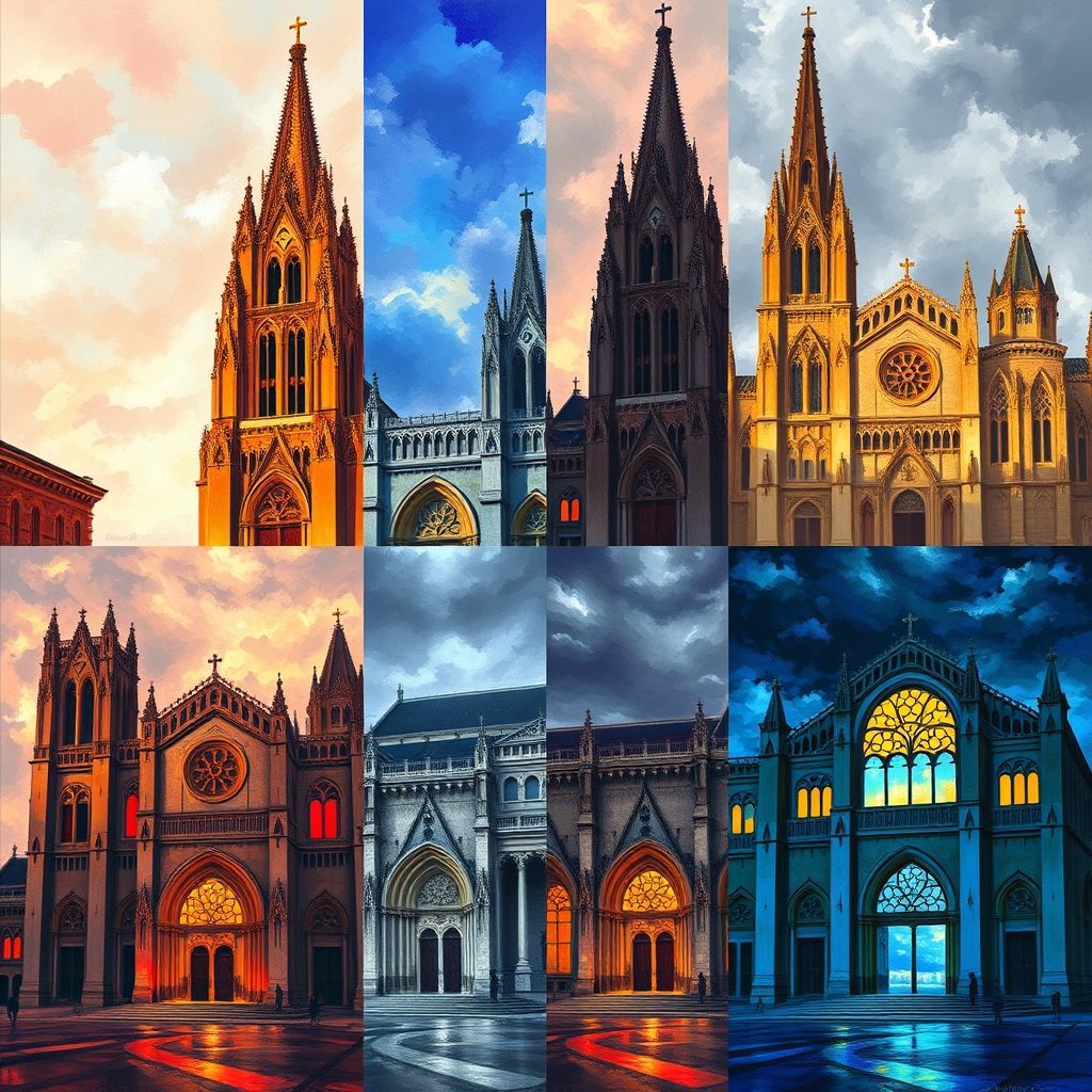 Una serie de pinturas impresionistas que representan la fachada de una catedral gótica bajo diferentes condiciones de luz: amanecer, mediodía, atardecer, nublado, soleado.