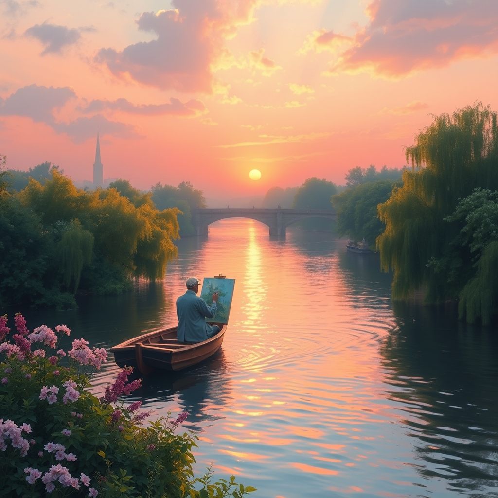 Claude Monet pintando en un pequeño bote que sirve como estudio flotante en el Río Sena. Paisaje impresionista.