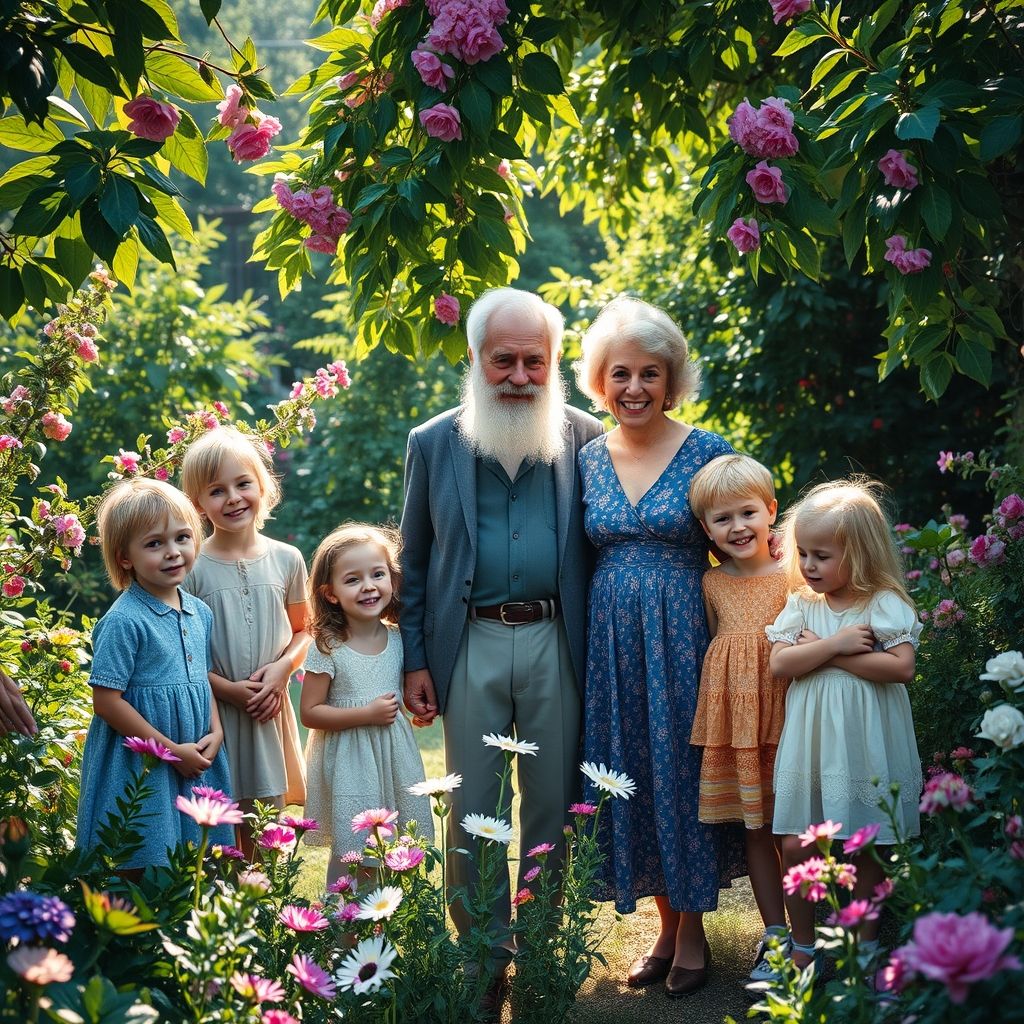 Un retrato grupal de Claude Monet con Alice Hoschedé y sus hijos en el jardín de Giverny, con Monet y Alice en el centro y un ambiente familiar y tranquilo.