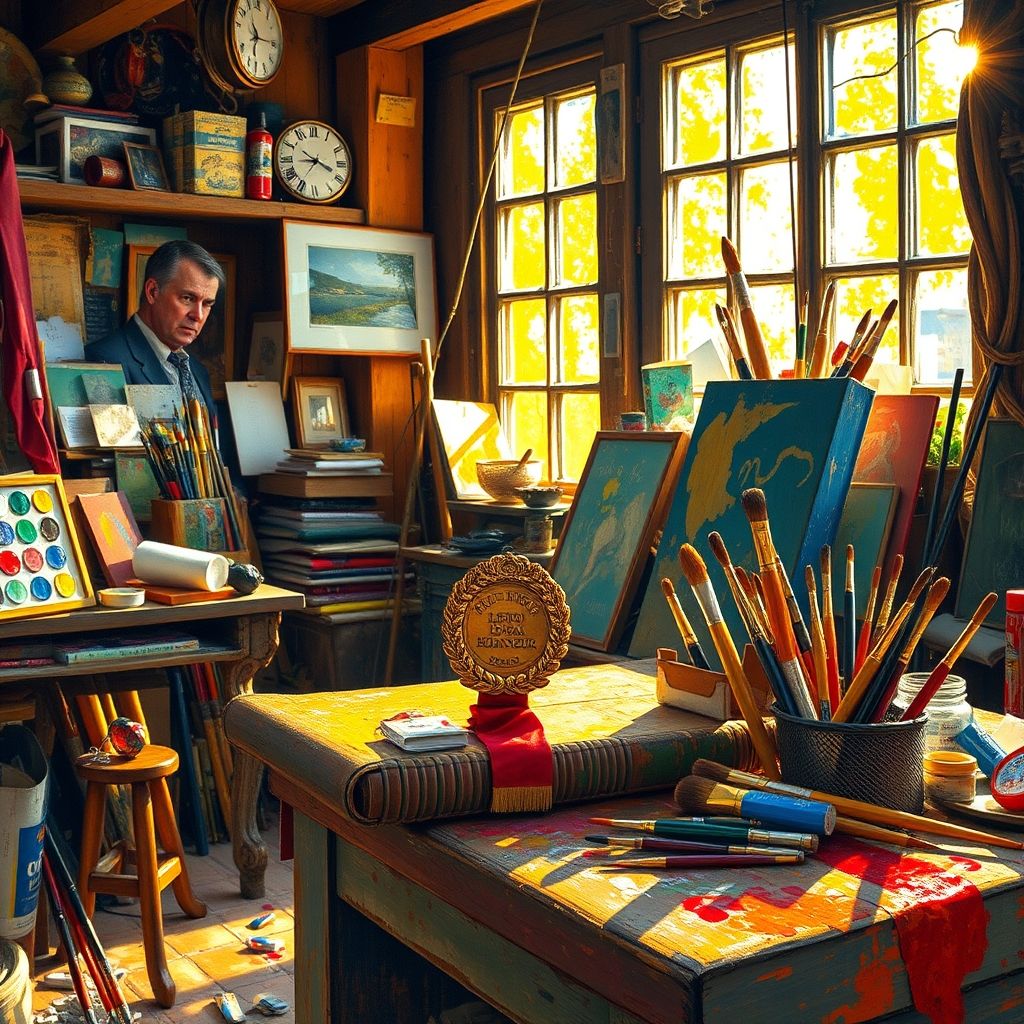 Claude Monet en su estudio, mirando desafiante a una condecoración de la Légion d'Honneur que yace sobre una mesa, con pinceles y pinturas a su alrededor.