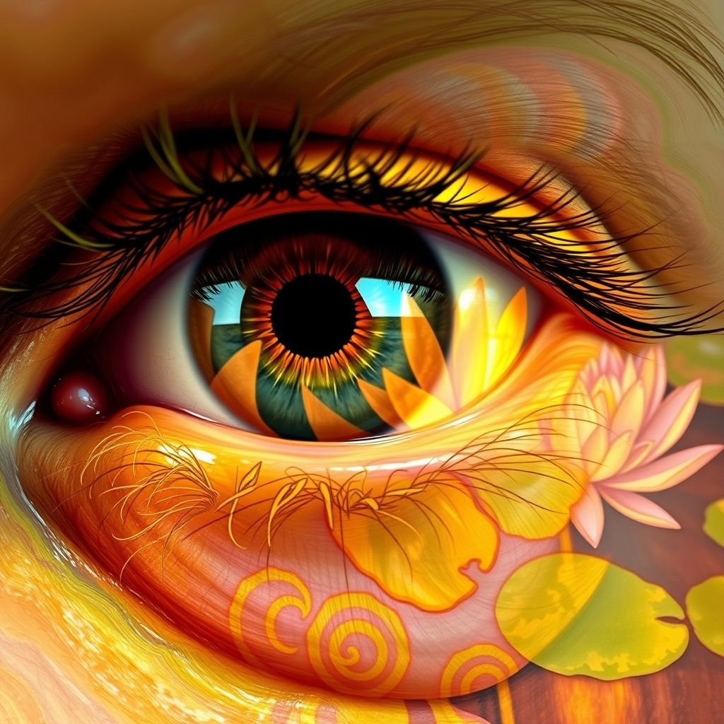 Un primer plano del ojo de Claude Monet con una catarata, superpuesto a una versión distorsionada y con colores cálidos de una de sus pinturas de nenúfares.