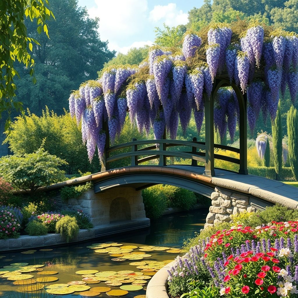 Una reconstrucción digital del puente japonés original en Giverny, basada en fotografías y descripciones históricas, mostrando su estructura más pequeña y la glicina cubriéndolo, con un trasfondo del jardín.