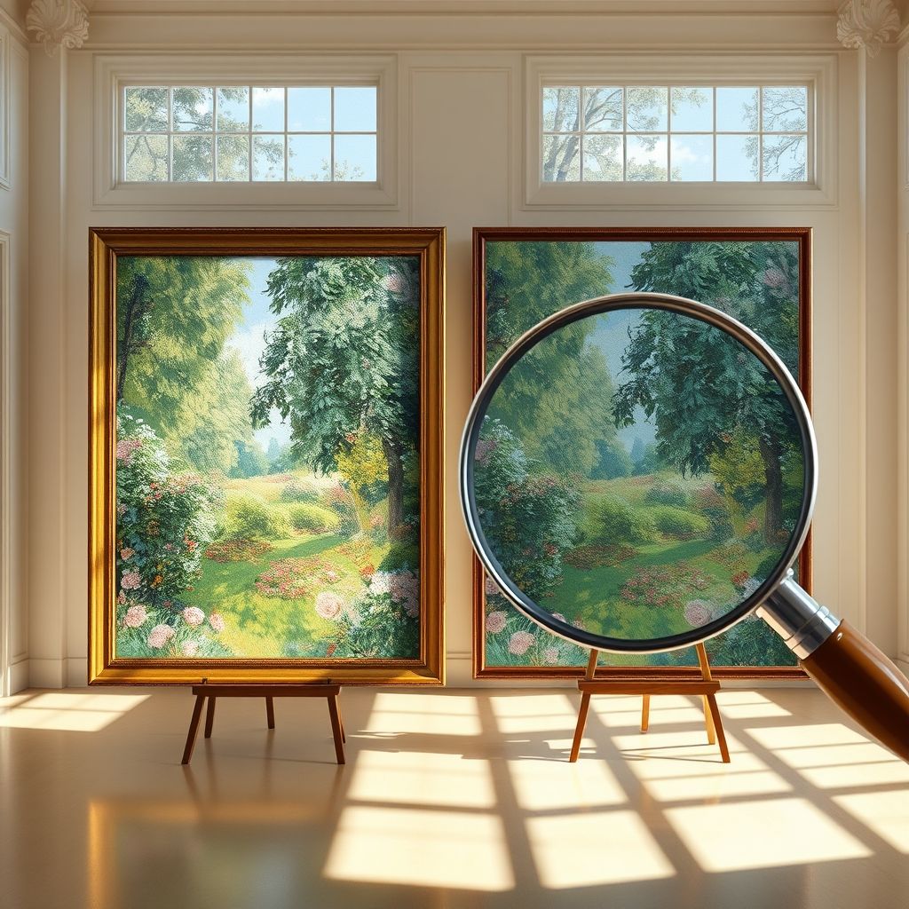 Una comparación lado a lado de una pintura auténtica de Claude Monet y una supuesta falsificación, con lupa enfocada en detalles sospechosos en la falsificación.