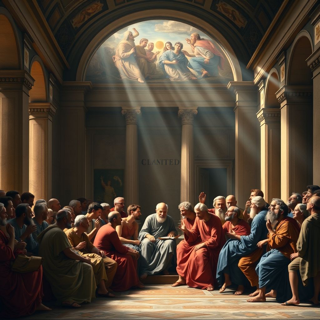 Una imagen de la 'Escuela de Atenas' de Rafael en el Vaticano, mostrando a Platón y Aristóteles en el centro rodeados de otros filósofos.