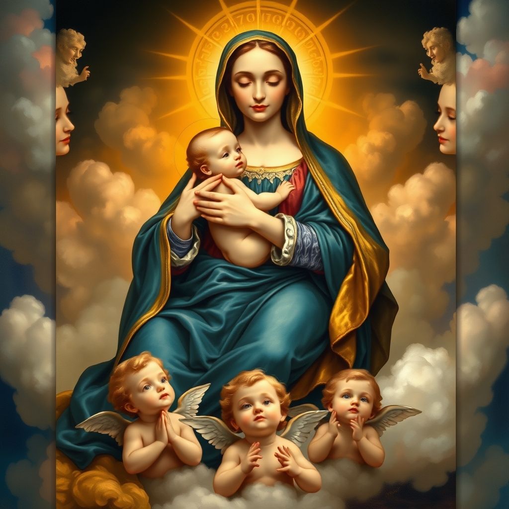 Una imagen de la Madonna Sixtina de Rafael, resaltando a la Virgen María con el Niño Jesús y los dos querubines en la parte inferior.