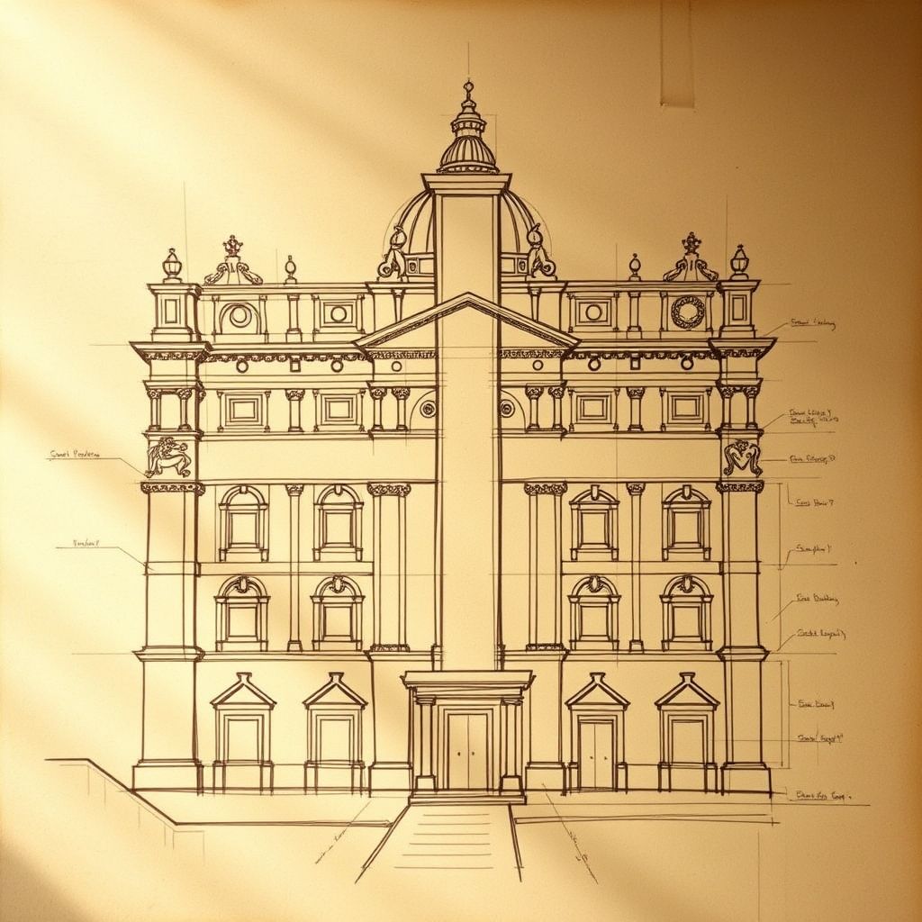 Una imagen de un boceto o representación del plan de Rafael para la Basílica de San Pedro, mostrando la planta de cruz latina y los elementos arquitectónicos.