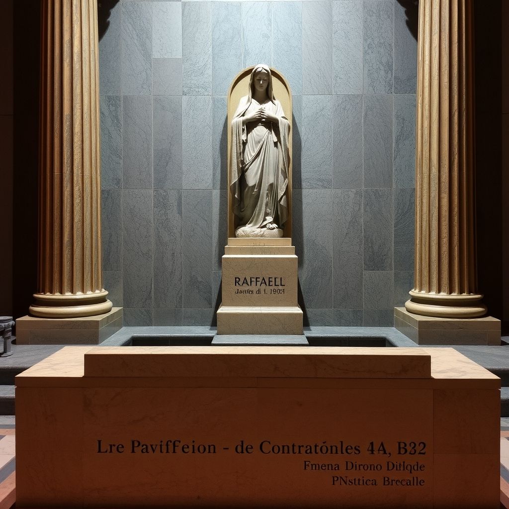 Una imagen de la tumba de Rafael en el Panteón, mostrando la escultura de la Madonna y la inscripción.
