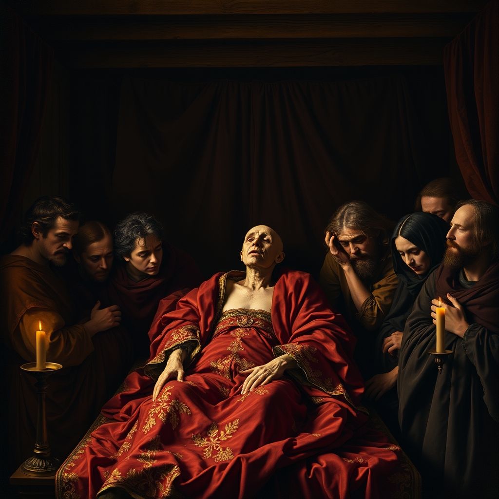 Una representación artística de Rafael enfermo en su lecho de muerte, reflejando la teoría de que murió de sífilis.