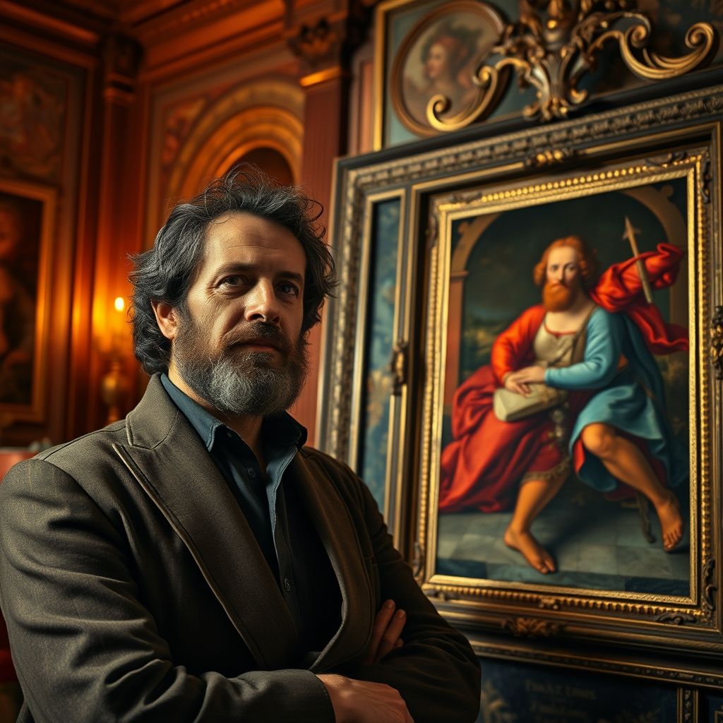 Un retrato de Giulio Romano, junto a una imagen de una obra de arte creada por él, para resaltar su legado artístico y conexión con Rafael.