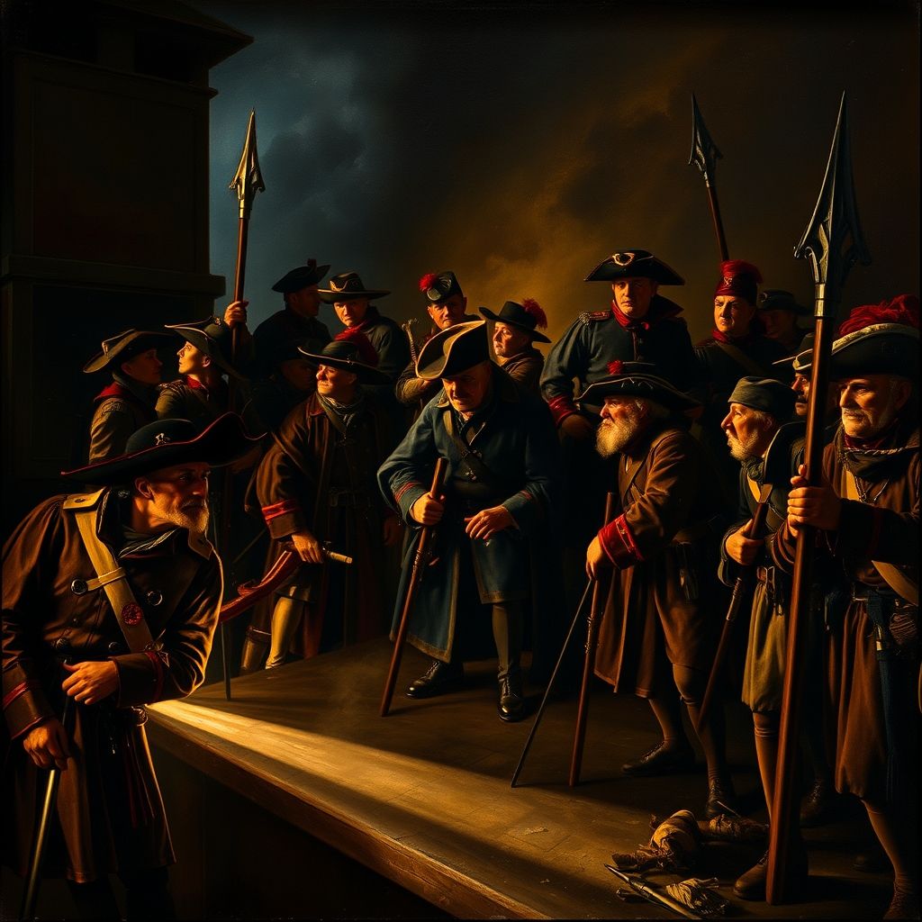 Una imagen de La Ronda de Noche de Rembrandt, mostrando su uso de la luz y la sombra y las figuras dinámicas.