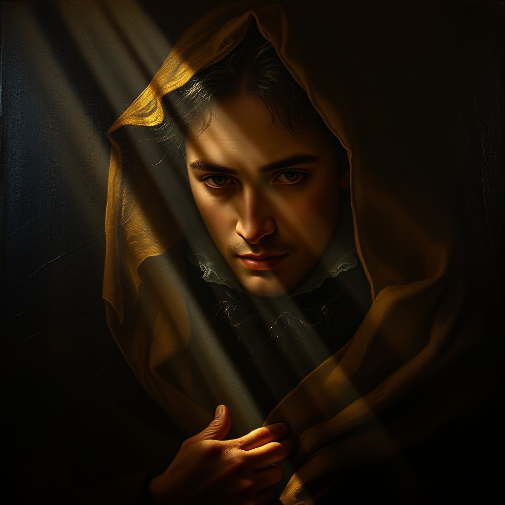 Una imagen de una pintura de Rembrandt, destacando el dramático uso del claroscuro con fuertes contrastes entre la luz y la sombra.