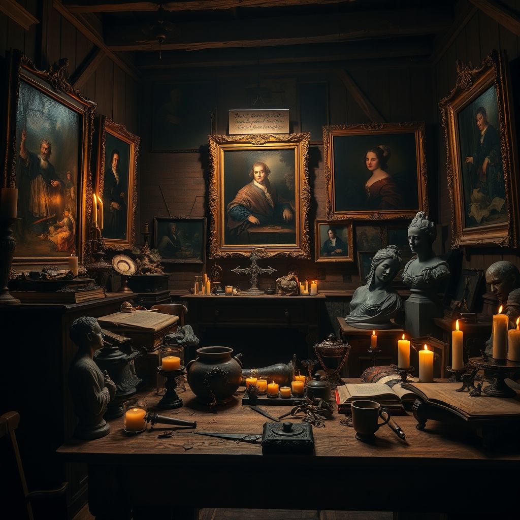 Una imagen que representa el inventario de los bienes de Rembrandt durante su bancarrota, incluyendo pinturas, esculturas y artefactos.