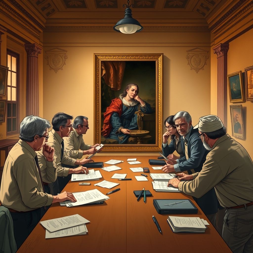 Una imagen de académicos del Rembrandt Research Project examinando una pintura, destacando la naturaleza rigurosa pero controvertida de su trabajo.