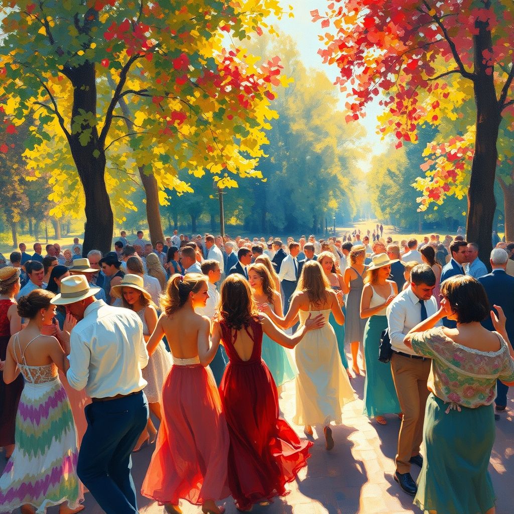 Una pintura impresionista de Pierre-Auguste Renoir mostrando colores vibrantes y capturando la luz solar, posiblemente 'Baile en el Moulin de la Galette'.