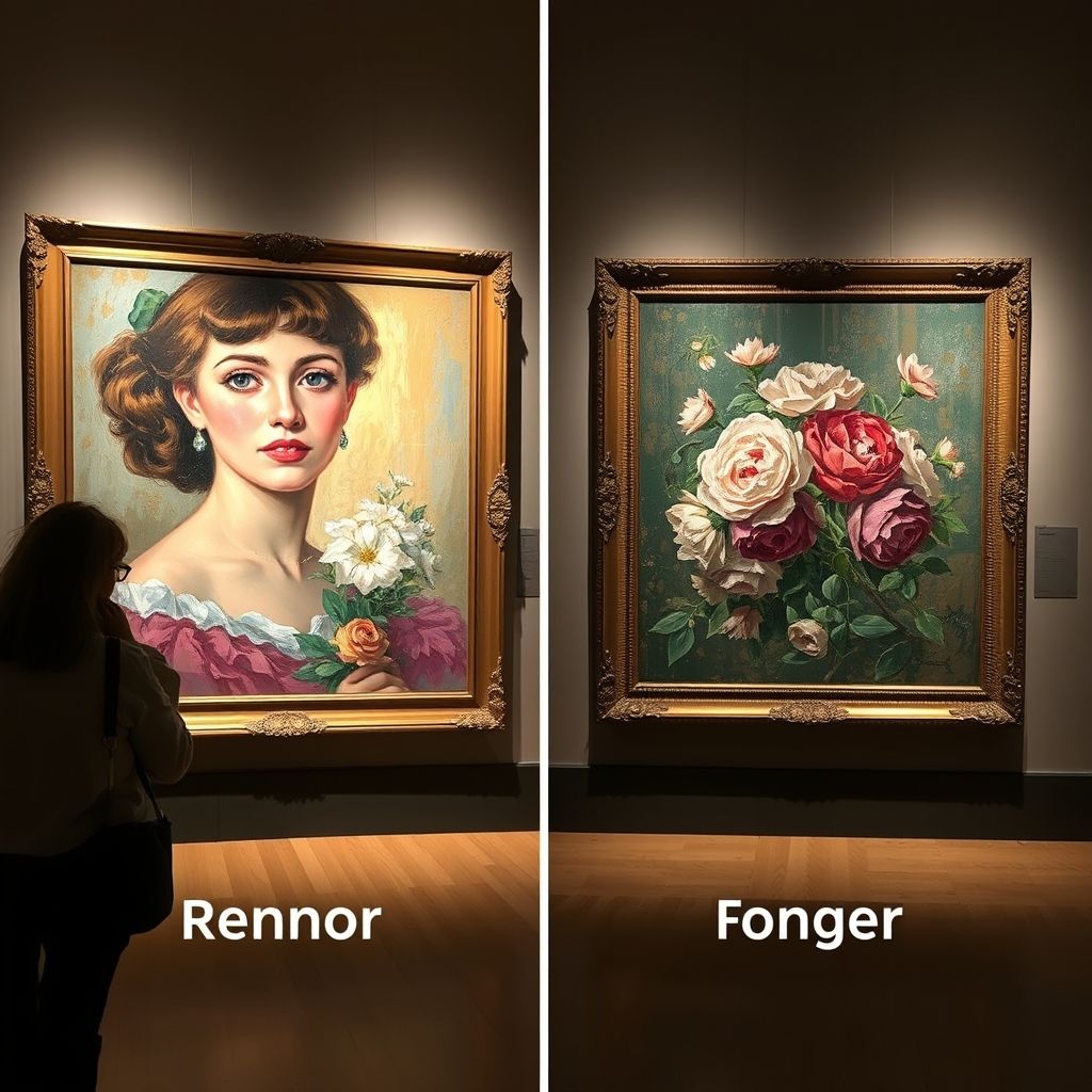 Una imagen comparativa de una pintura de Renoir auténtica conocida y una supuesta falsificación, resaltando las sutiles diferencias en el estilo y la técnica.
