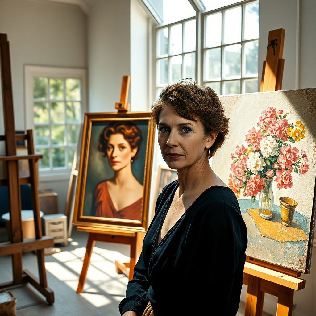 Una yuxtaposición de un retrato de Jeanne Baudot y una de sus pinturas, en comparación con una obra similar de Renoir, destacando las similitudes en el estilo y la técnica, así como el relativo desconocimiento de su obra.