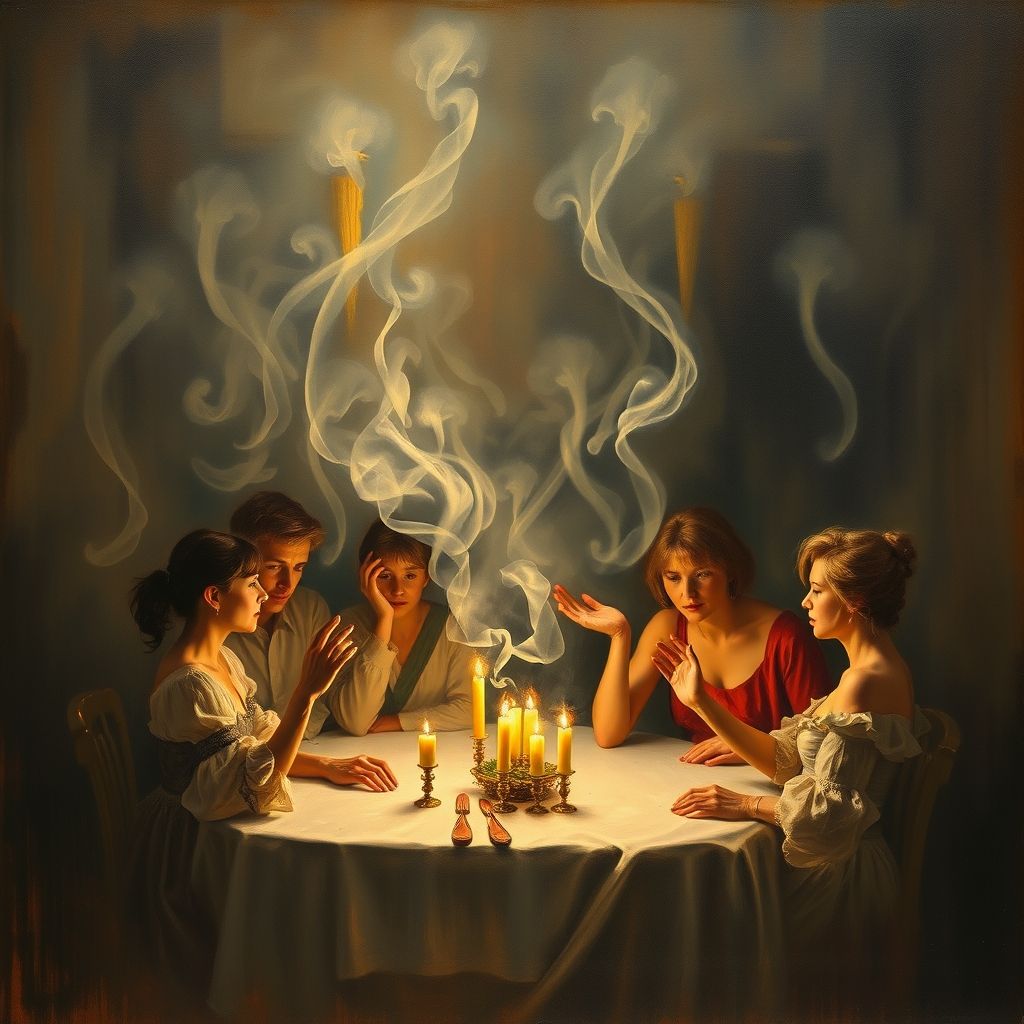 Una pintura tardía de Renoir presentada junto con una imagen de una sesión espiritista de la época, insinuando una posible conexión entre su arte y su interés por el espiritismo.