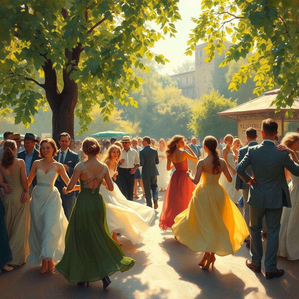 Una representación pictórica de 'Baile en el Moulin de la Galette' de Pierre-Auguste Renoir, mostrando una escena social vibrante con figuras bailando y hablando bajo la luz del sol filtrada.