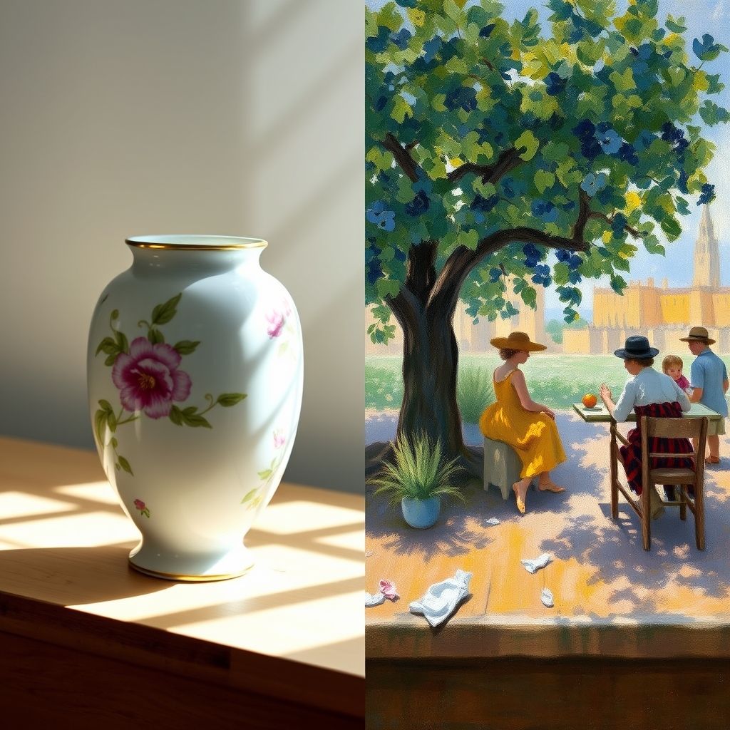 Una yuxtaposición de la porcelana pintada por un joven Renoir y una de sus pinturas impresionistas posteriores, destacando las similitudes en la pincelada y el uso del color.