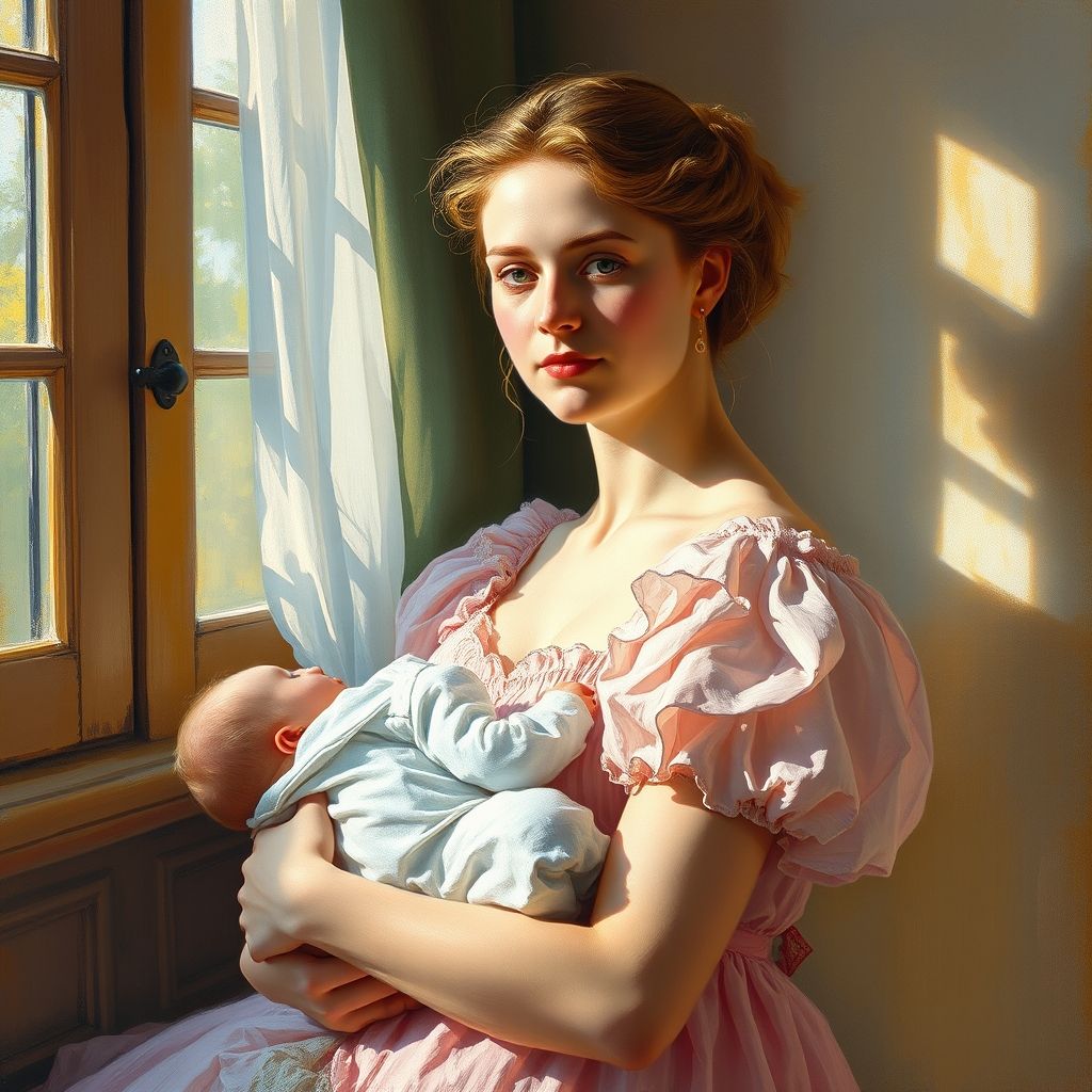 Un retrato de Aline Charigot de Pierre-Auguste Renoir, mostrando su apariencia maternal y tranquila, tal vez con un niño.