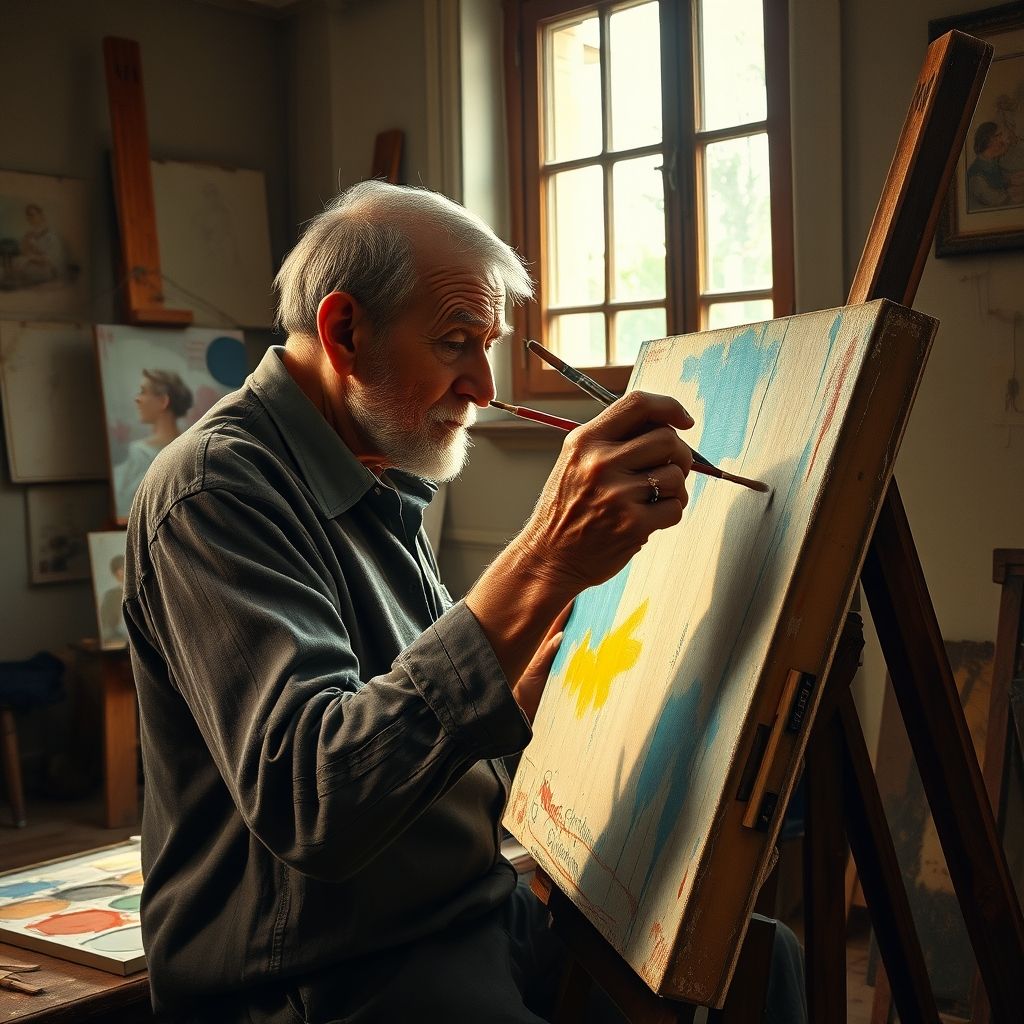 Una imagen de Renoir pintando en su estudio en sus últimos años, mostrando sus manos deformadas por el reumatismo y los pinceles atados a sus manos.