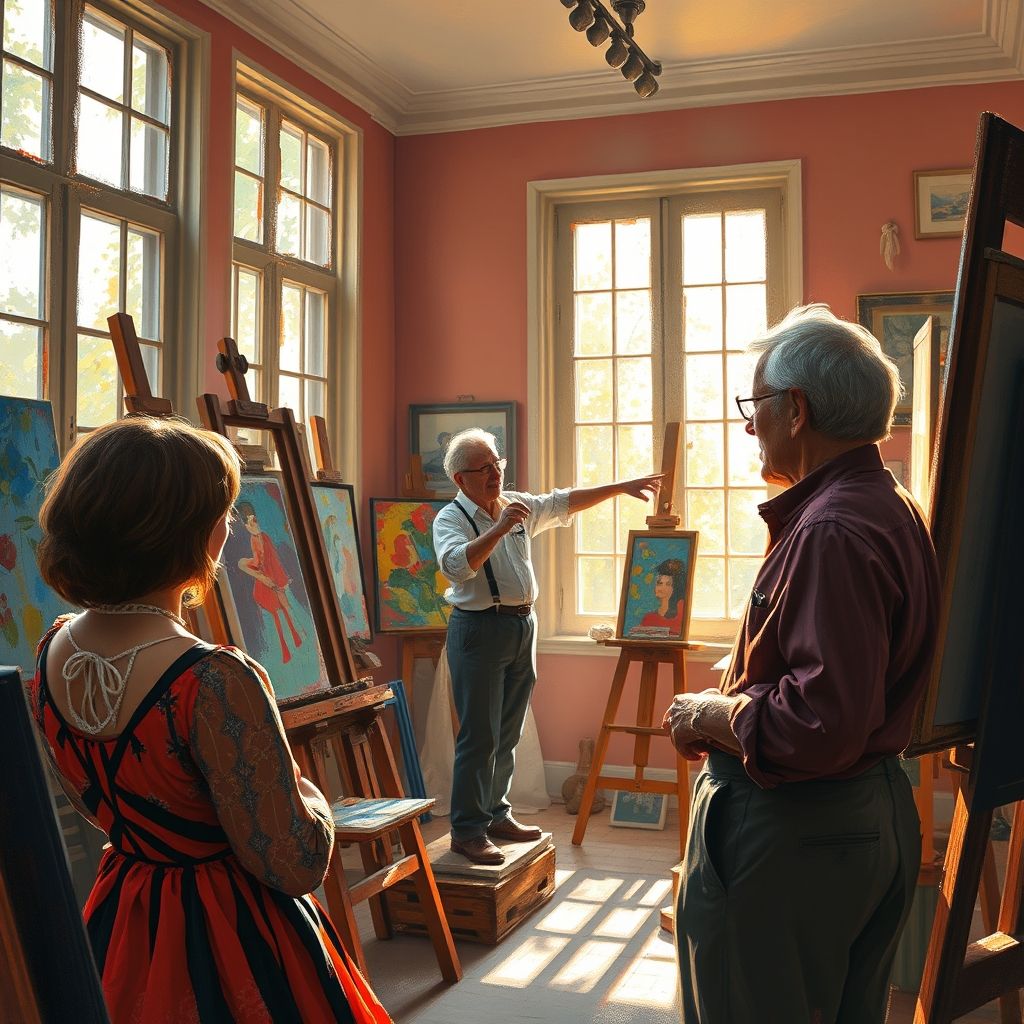 Pierre-Auguste Renoir dirigiendo a sus asistentes en su estudio en sus últimos años, mostrando el entorno colaborativo en el que trabajaba.