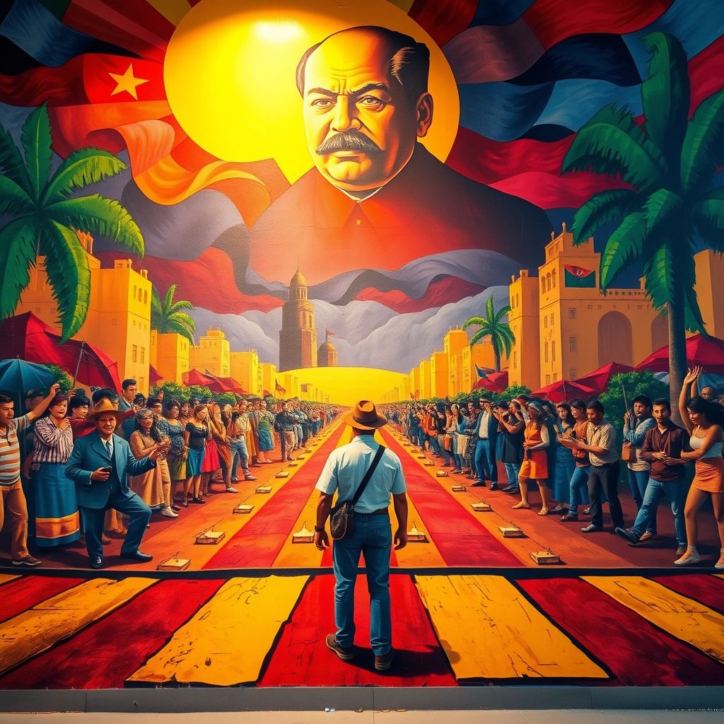 El mural 'El hombre en la encrucijada' de Diego Rivera, mostrando a un obrero en el centro y una imagen de Lenin en la distancia, colores vibrantes, estilo muralista mexicano.